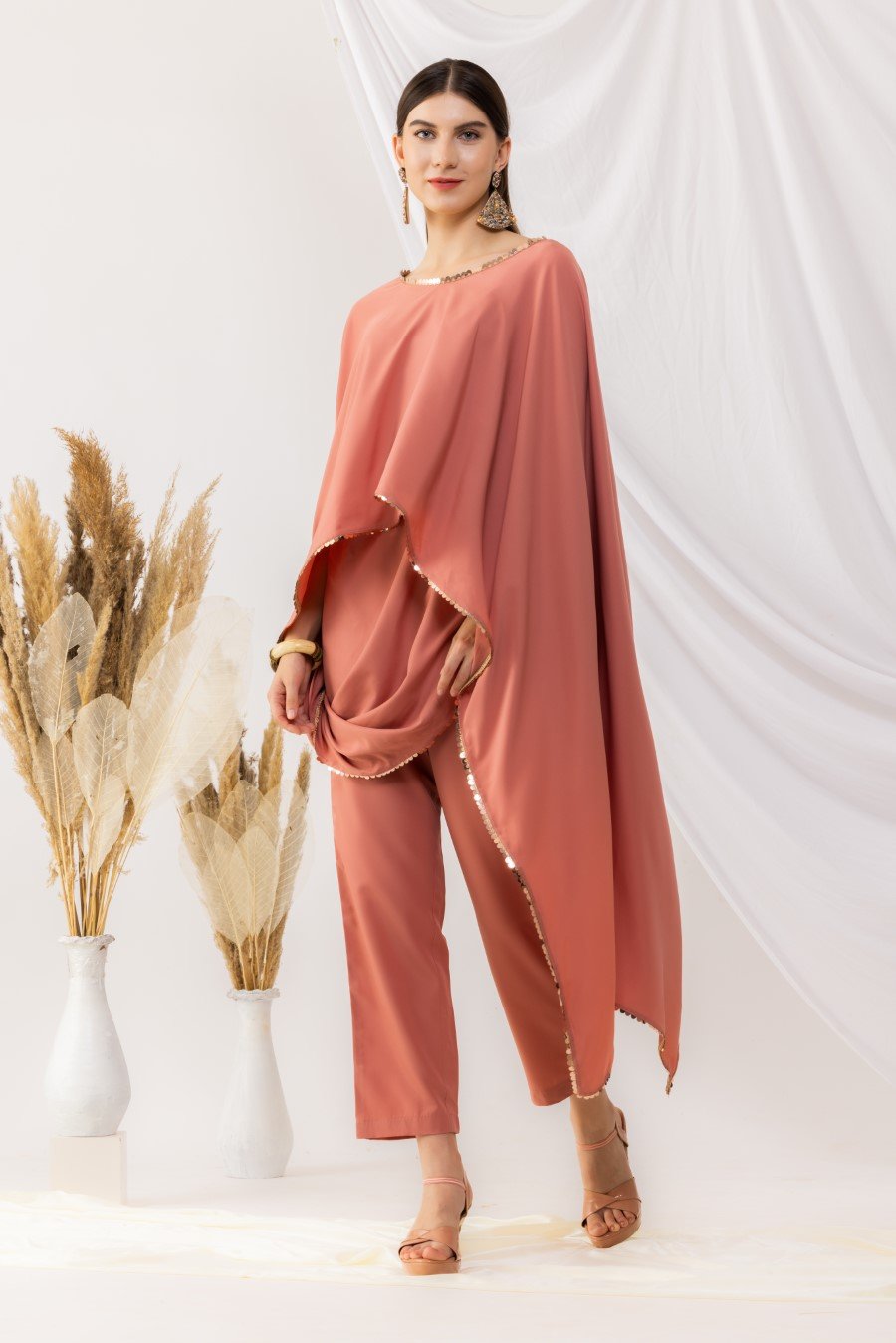 Coral Rose Cape Bohemian Style Drape Top With Straight pant