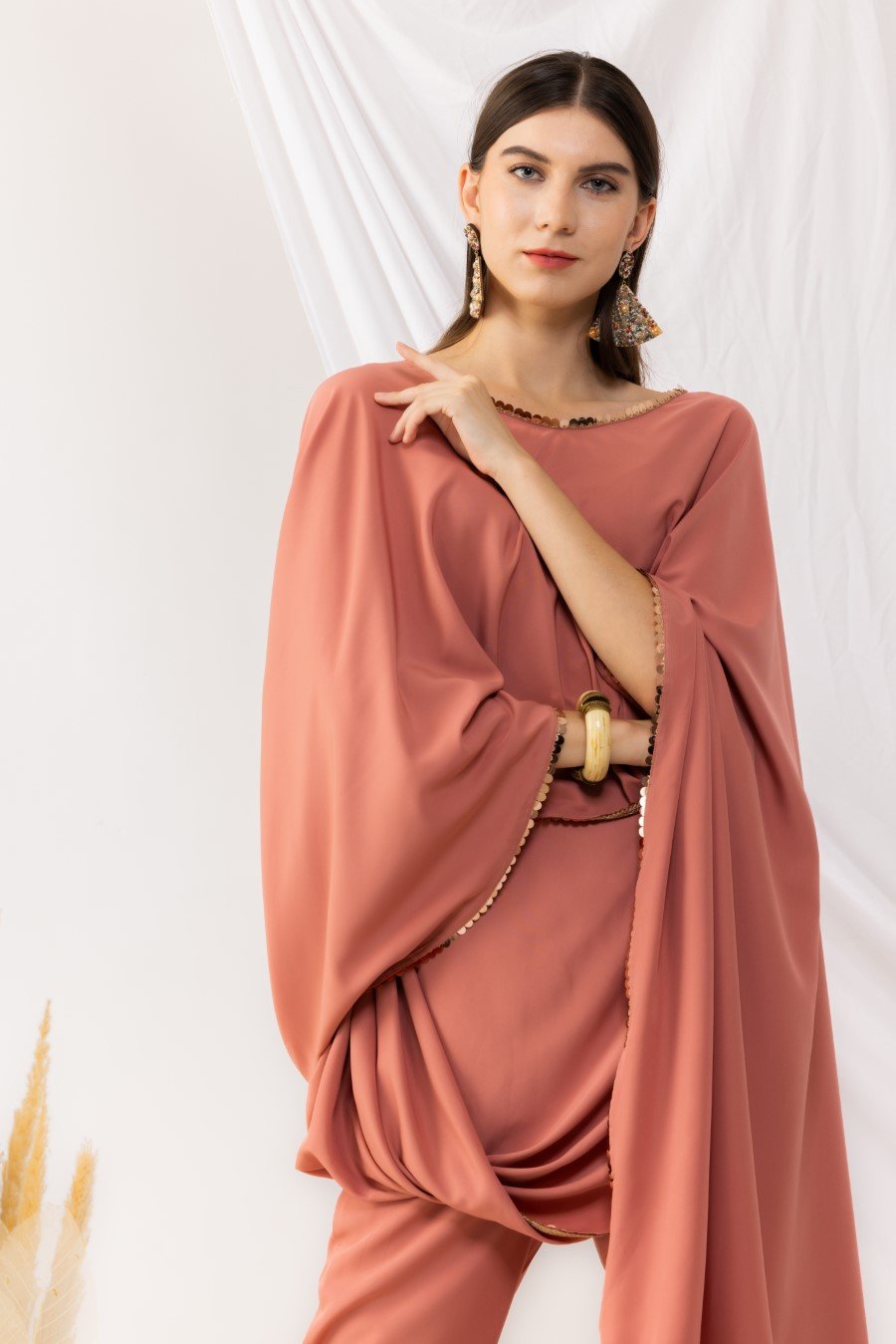 Coral Rose Cape Bohemian Style Drape Top With Straight pant