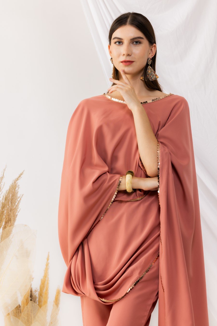 Coral Rose Cape Bohemian Style Drape Top With Straight pant