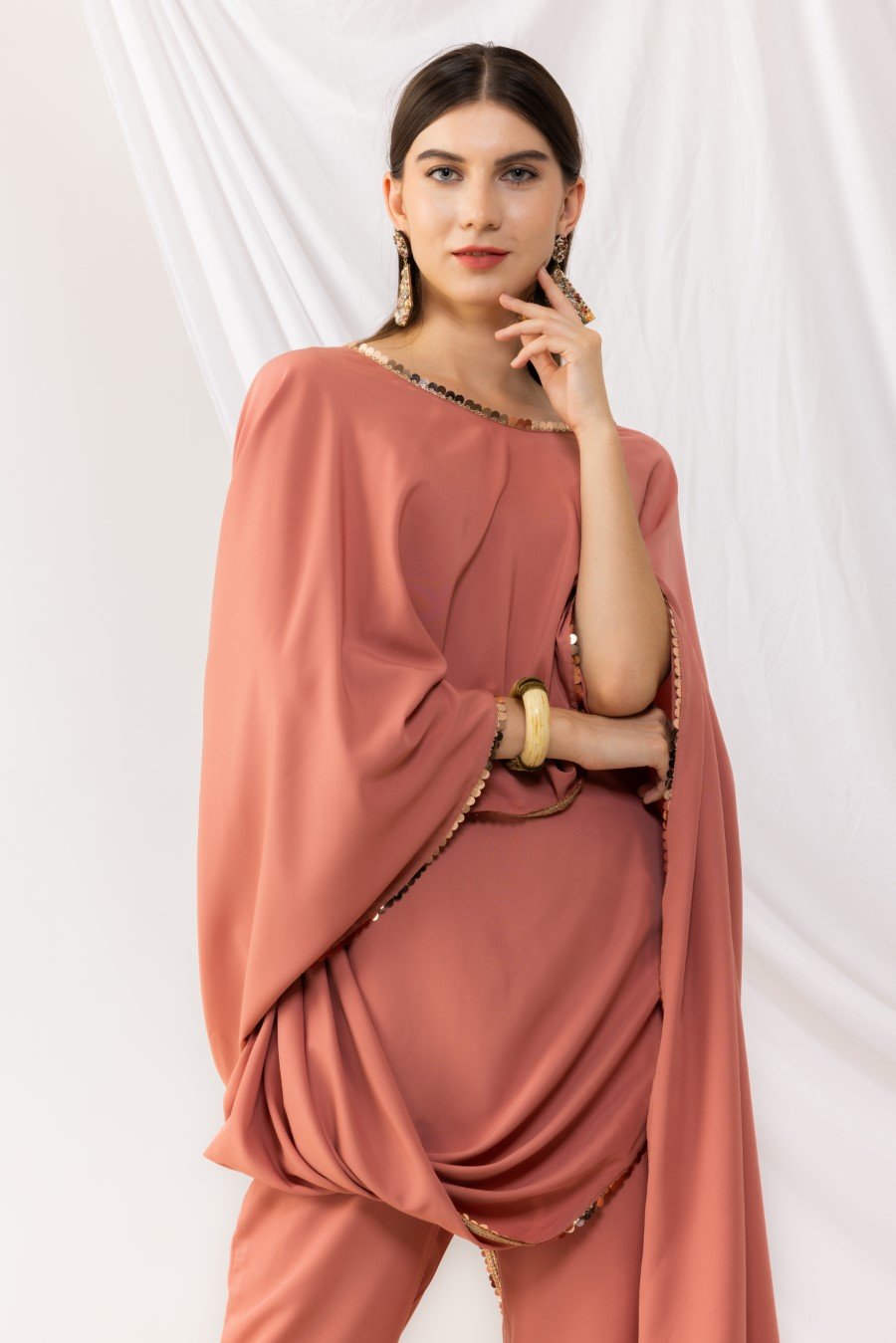 Coral Rose Cape Bohemian Style Drape Top With Straight pant