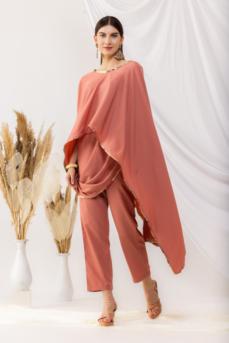 Coral Rose Cape Bohemian Style Drape Top With Straight pant