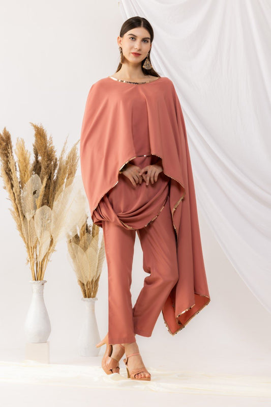 Coral Rose Cape Bohemian Style Drape Top With Straight pant