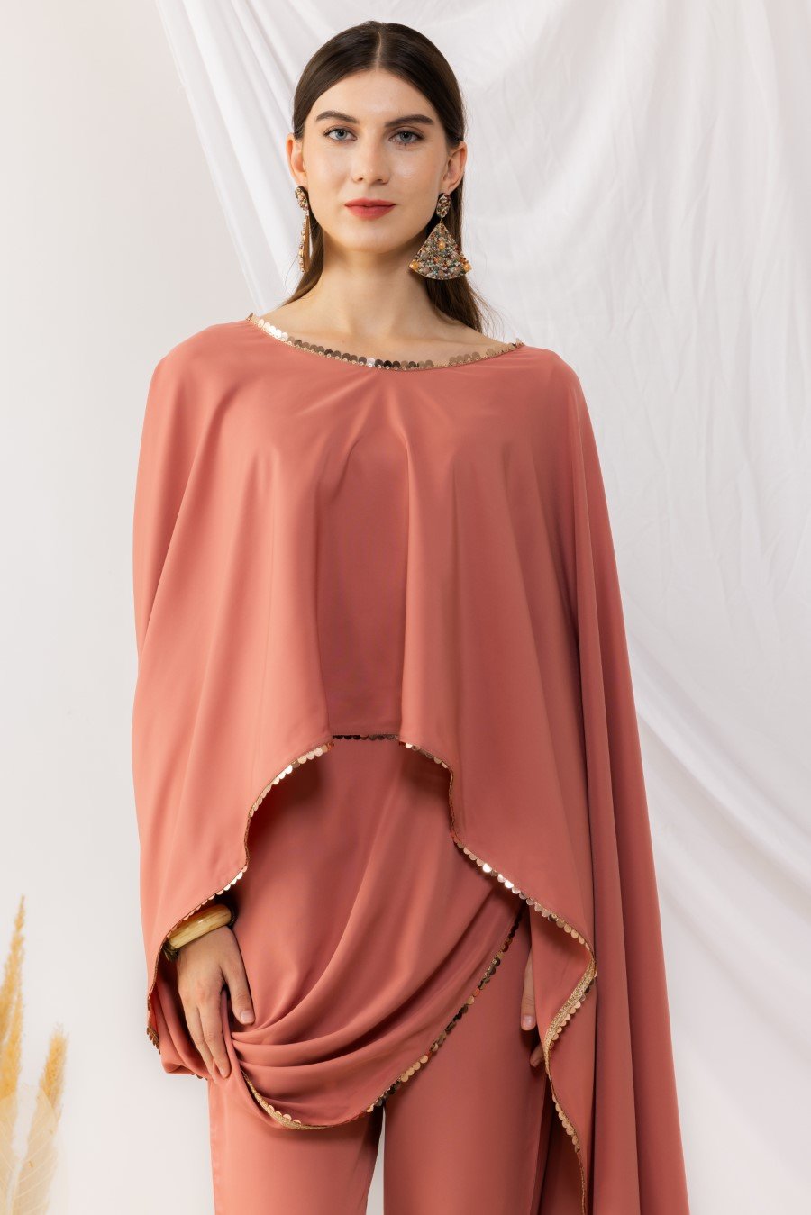 Coral Rose Cape Bohemian Style Drape Top With Straight pant