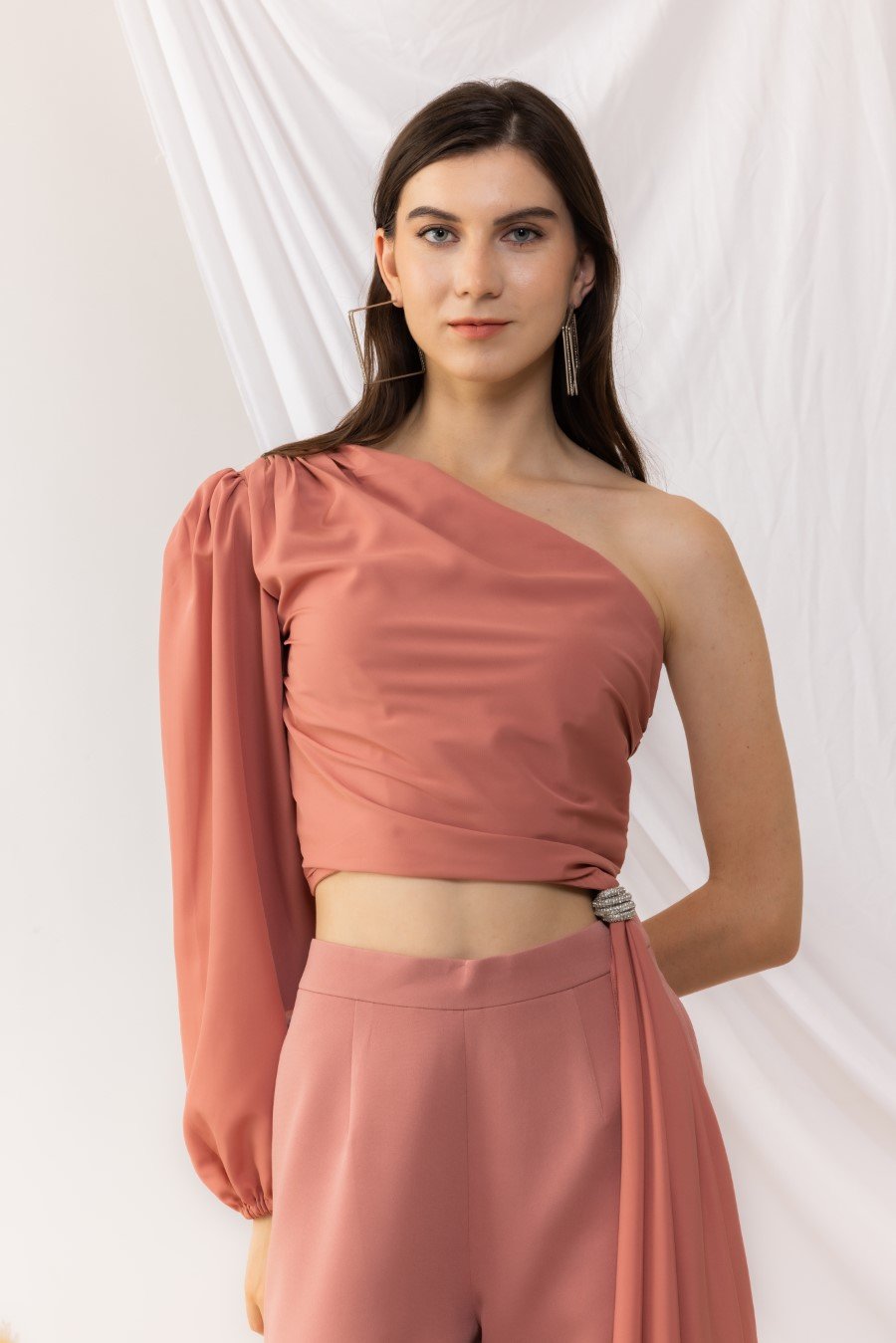 Coral Rose One Sleeve Shoulder Top