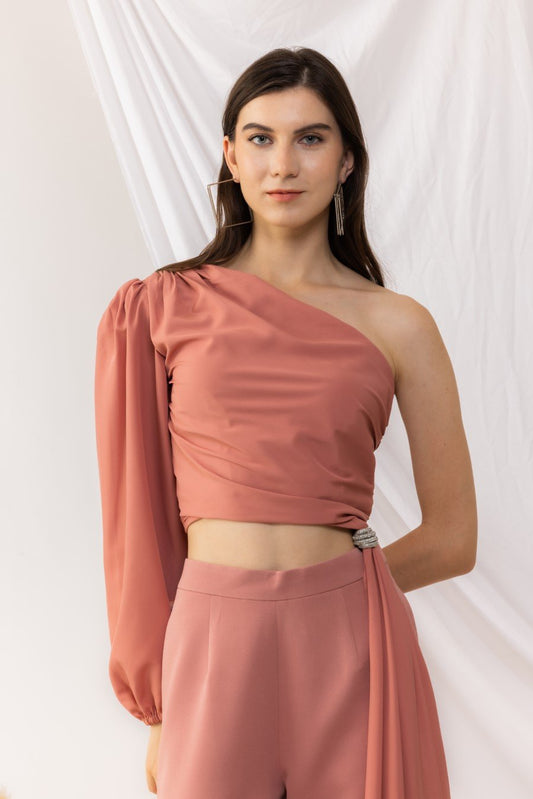Coral Rose One Sleeve Shoulder Top