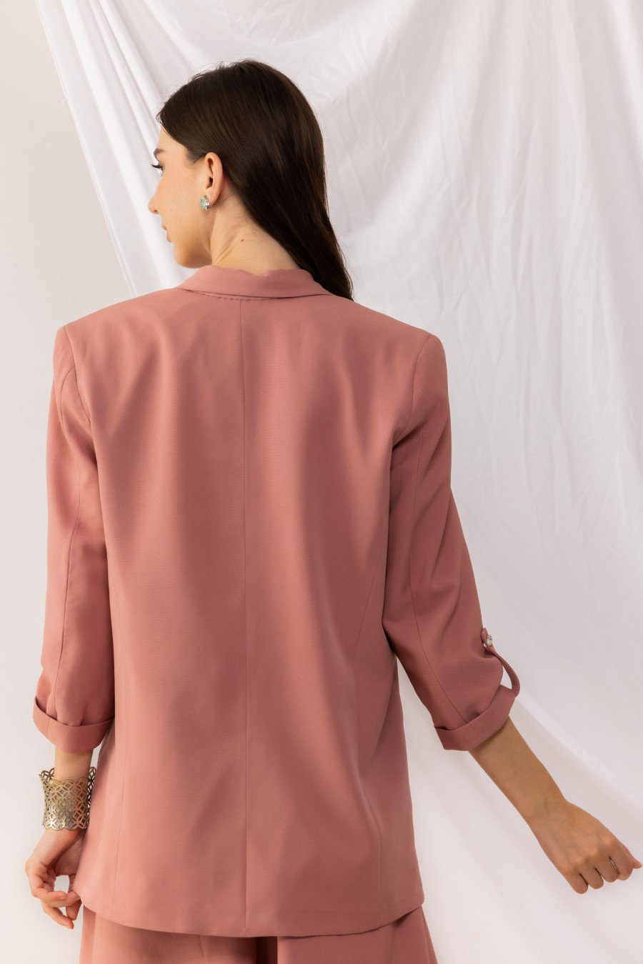 Coral Rose Open Blazer With Side Flap Pockets And Pull Up Sleeves