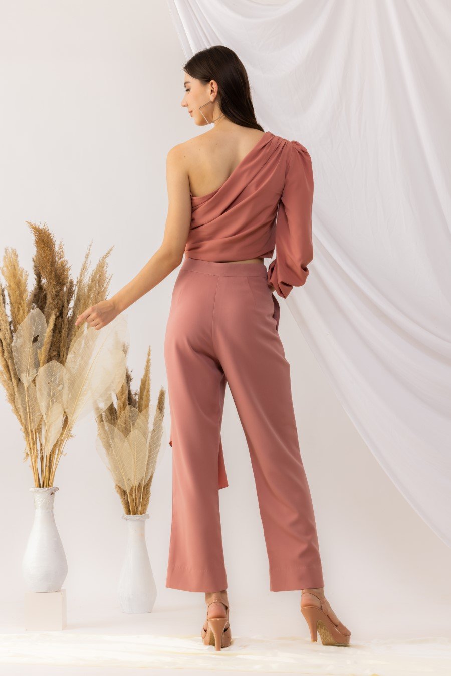 Coral Rose Pink One Shoulder Crop Top With Straight pant