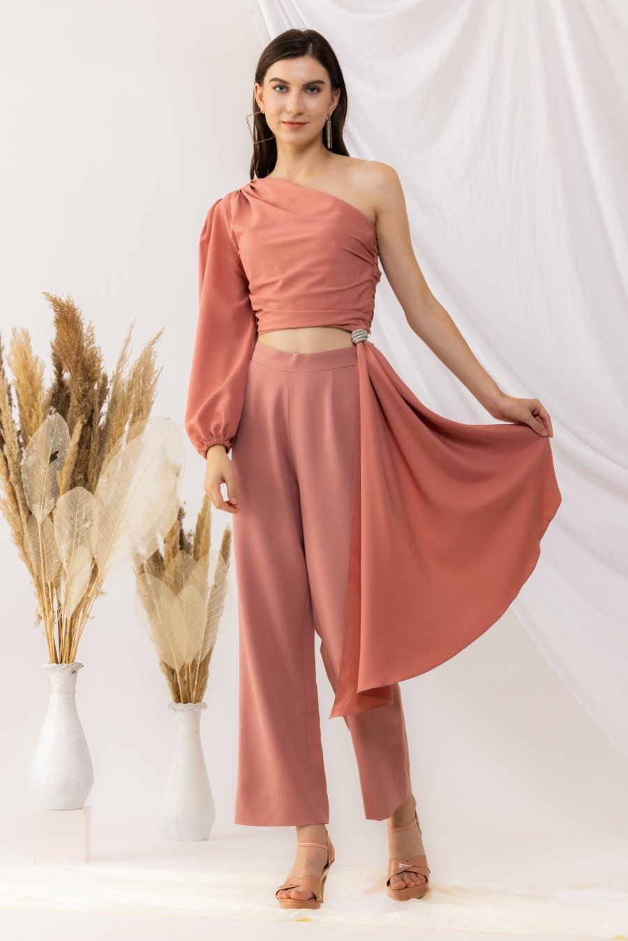 Coral Rose Pink One Shoulder Crop Top With Straight pant