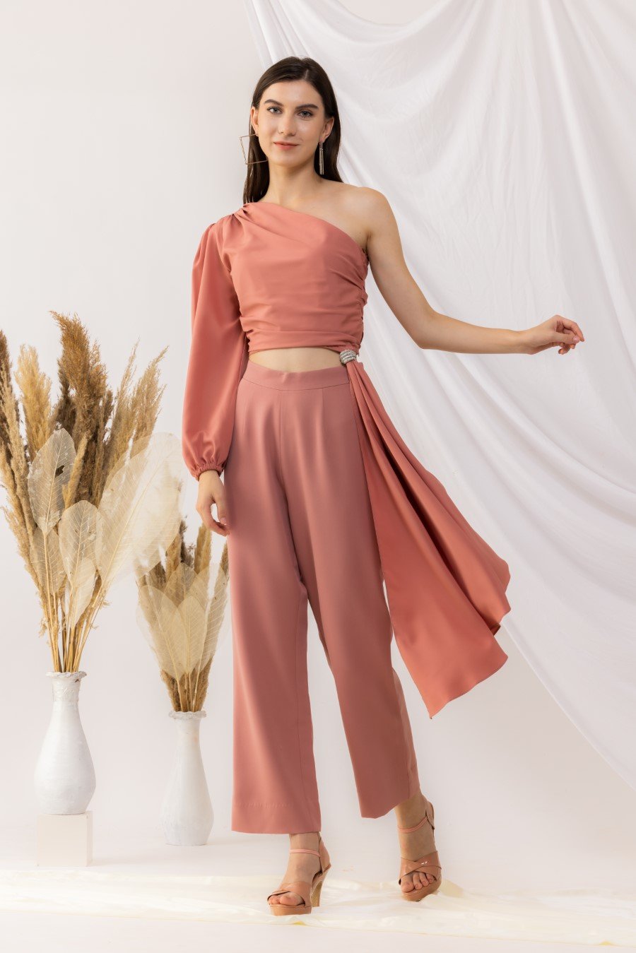 Coral Rose Pink One Shoulder Crop Top With Straight pant