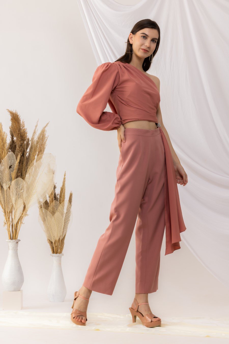 Coral Rose Pink One Shoulder Crop Top With Straight pant