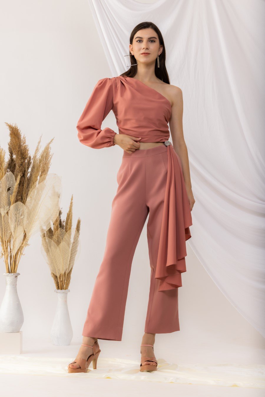 Coral Rose Pink One Shoulder Crop Top With Straight pant