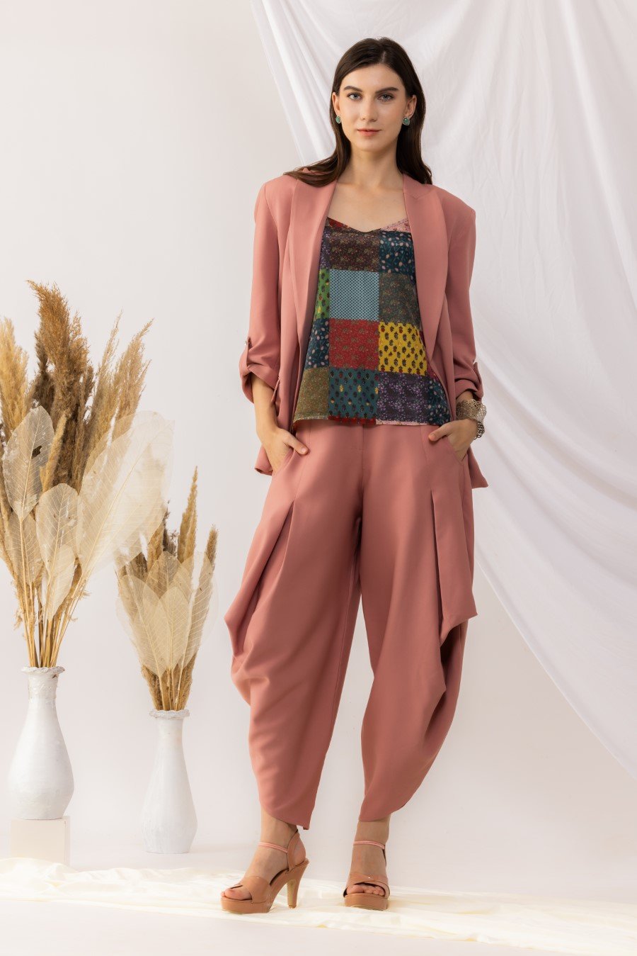 Coral Rose Pink Open Blazer With Dhoti Style pant, Bohemian Style Strappy Inner