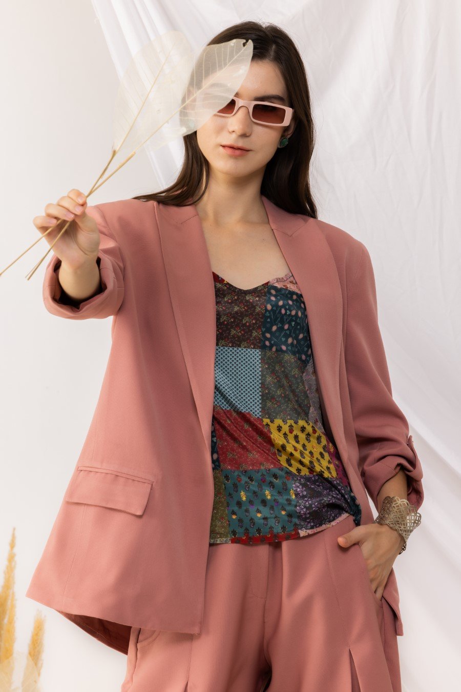 Coral Rose Pink Open Blazer With Dhoti Style pant, Bohemian Style Strappy Inner