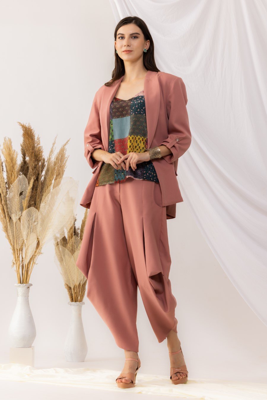 Coral Rose Pink Open Blazer With Dhoti Style pant, Bohemian Style Strappy Inner