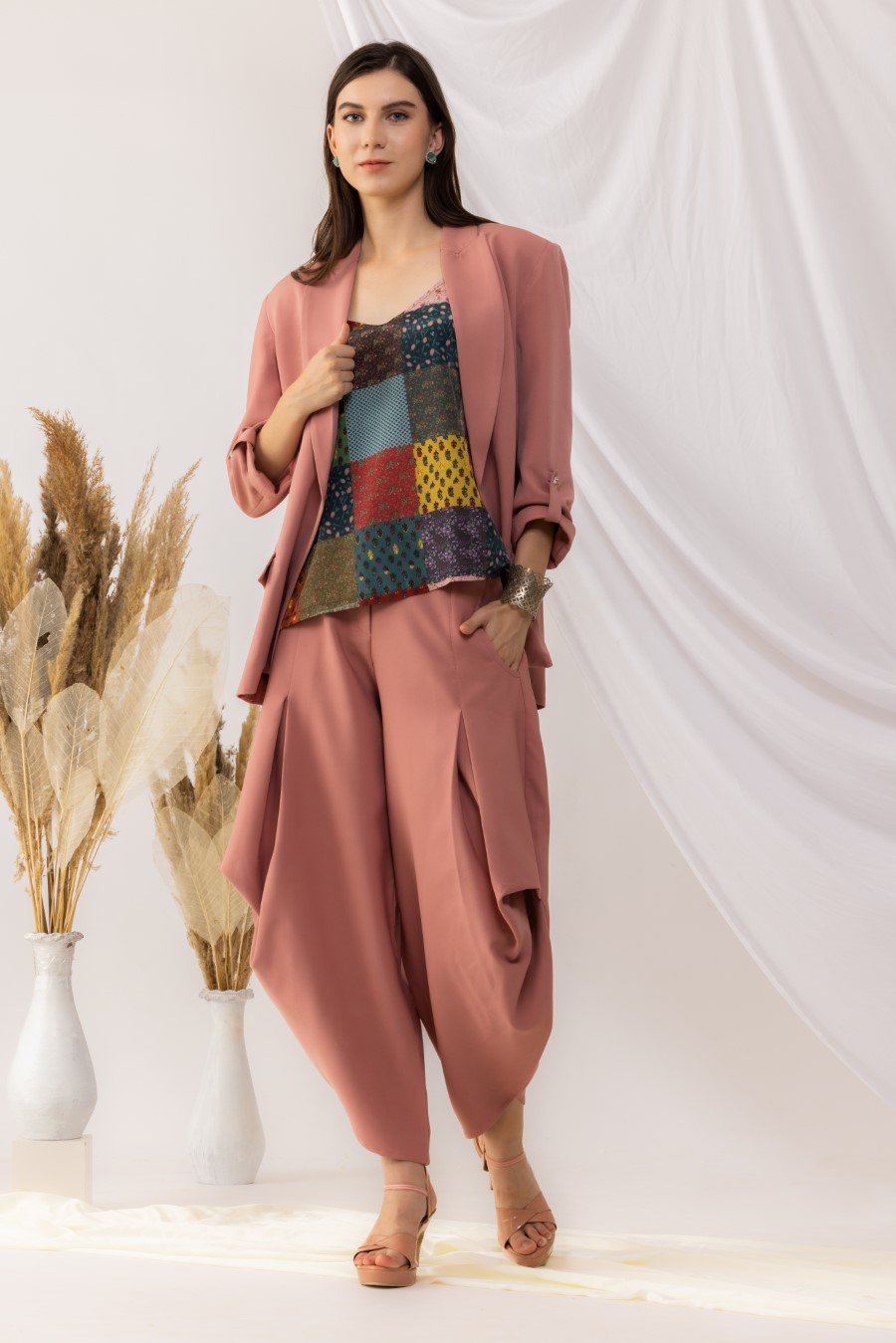 Coral Rose Pink Open Blazer With Dhoti Style pant, Bohemian Style Strappy Inner