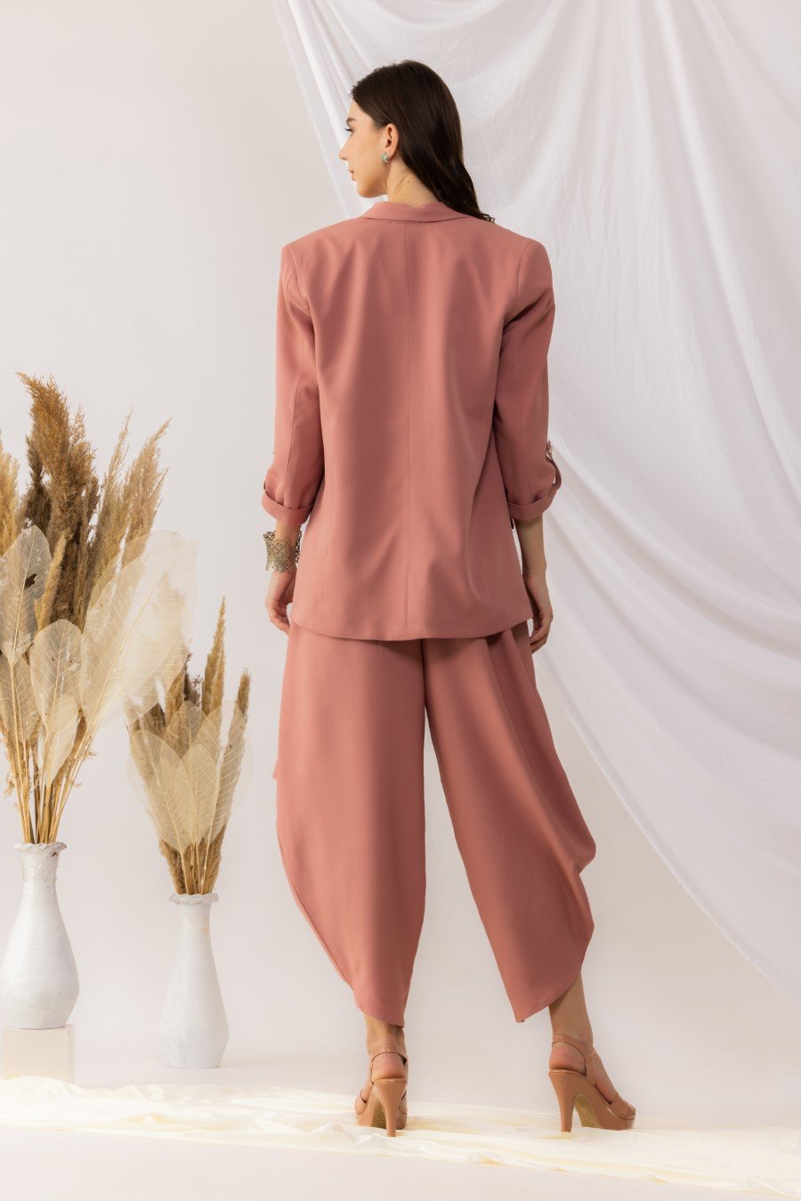 Coral Rose Pink Open Blazer With Dhoti Style pant, Bohemian Style Strappy Inner