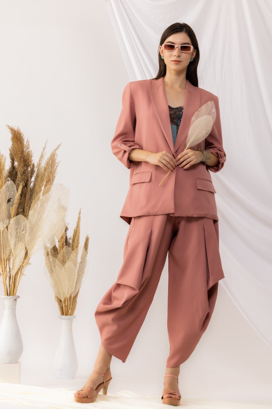 Coral Rose Pink Open Blazer With Dhoti Style pant, Bohemian Style Strappy Inner