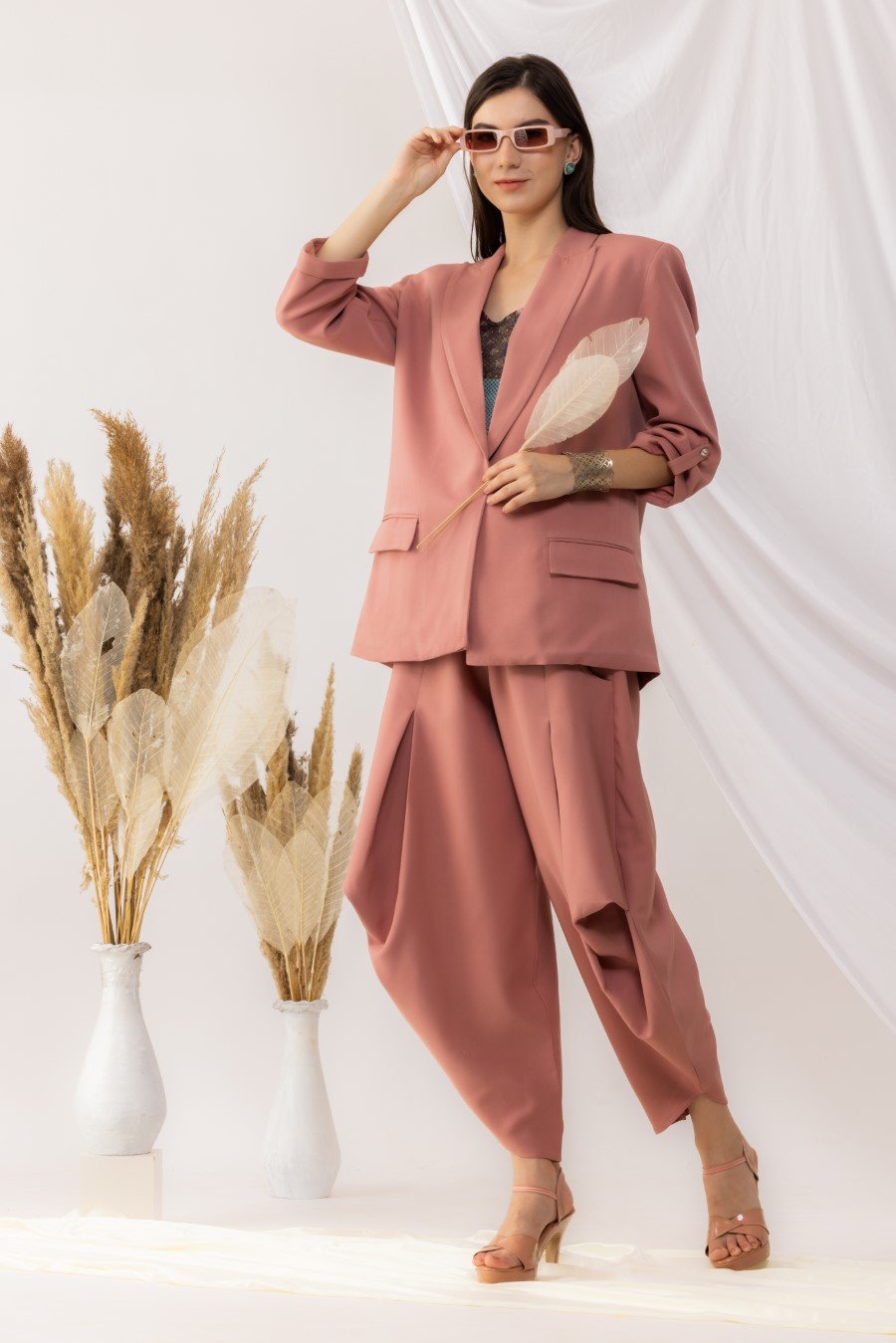 Coral Rose Pink Open Blazer With Dhoti Style pant, Bohemian Style Strappy Inner