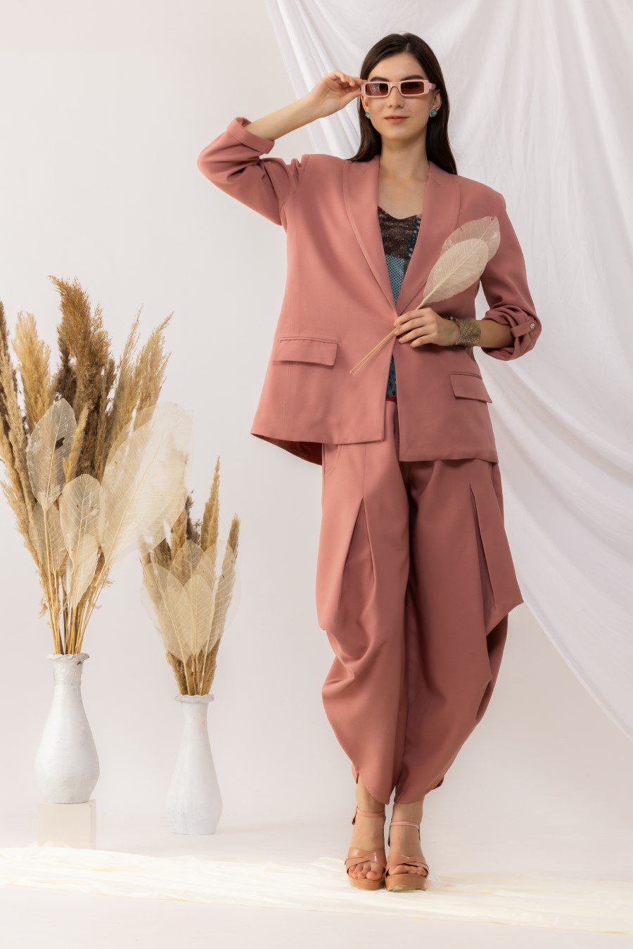 Coral Rose Pink Open Blazer With Dhoti Style pant, Bohemian Style Strappy Inner