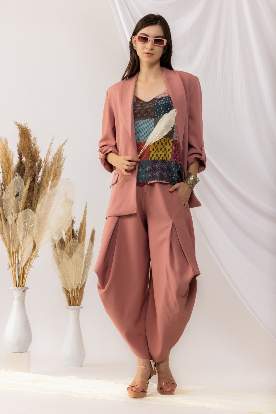 Coral Rose Pink Open Blazer With Dhoti Style pant, Bohemian Style Strappy Inner