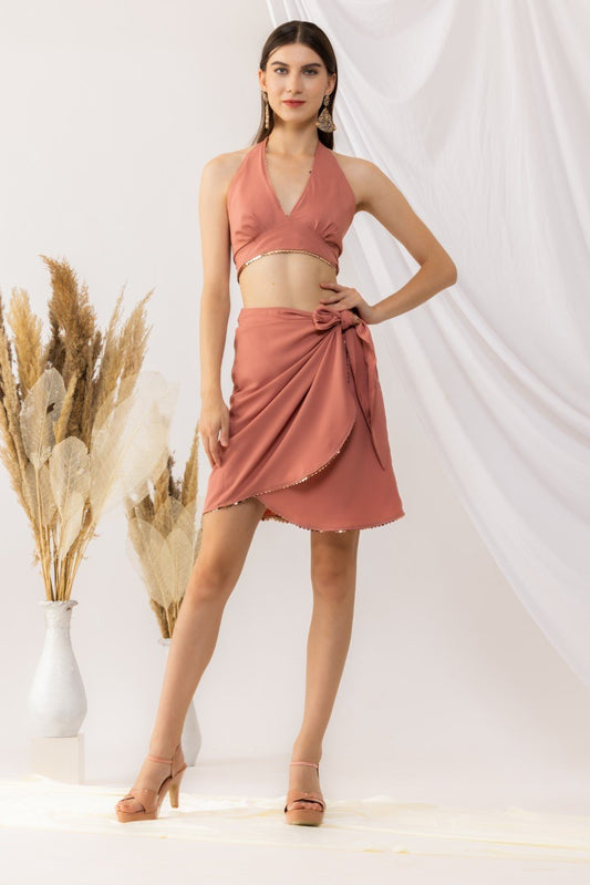 Coral Rose Short Overlap Skirt With Halter Neck tie-back  Bralette Top