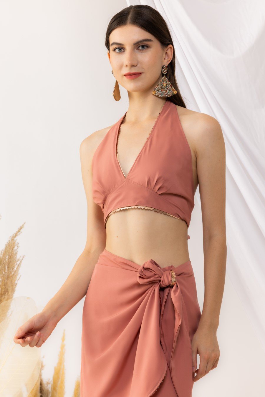 Coral Rose Short Overlap Skirt With Halter Neck tie-back  Bralette Top