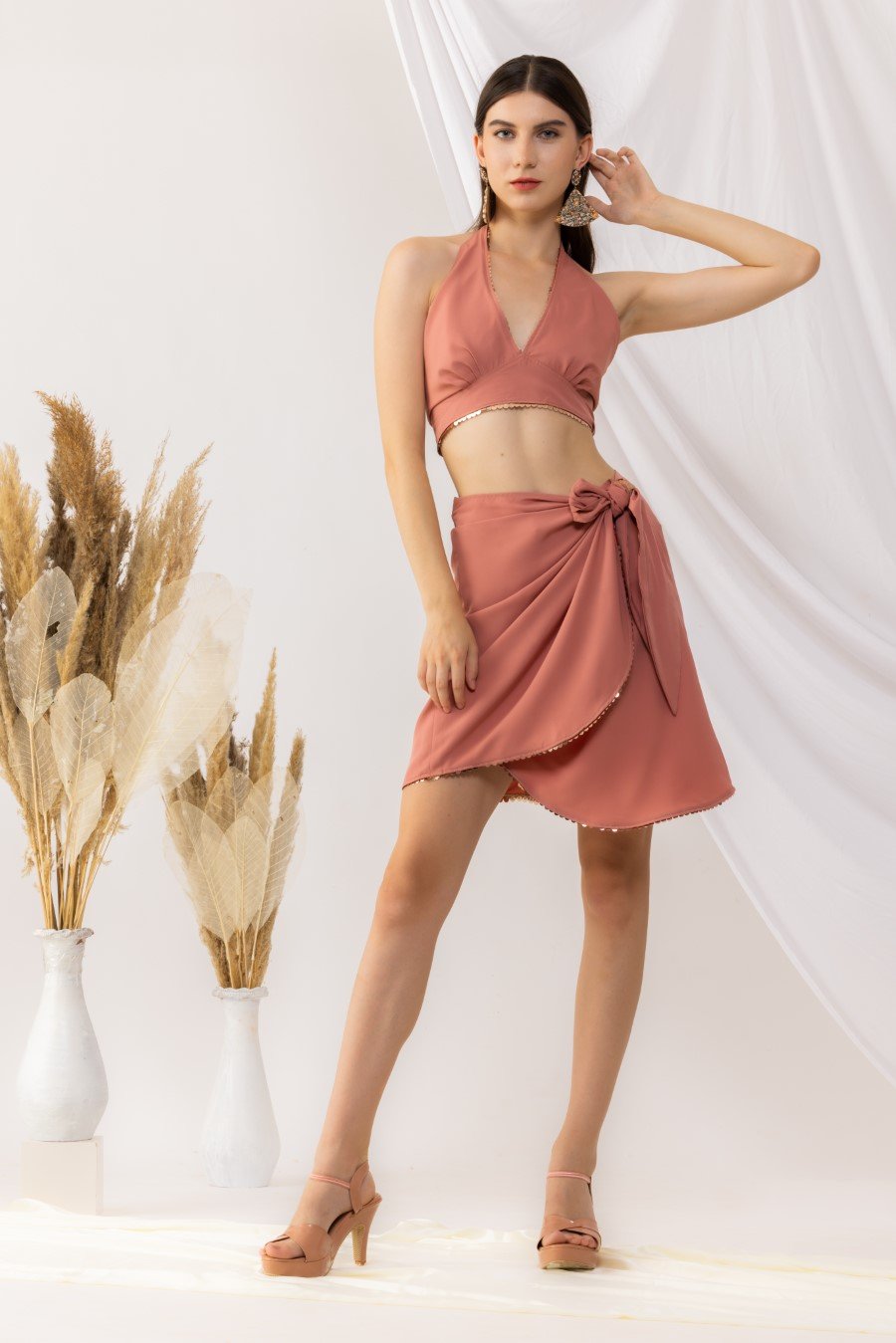 Coral Rose Short Overlap Skirt With Halter Neck tie-back  Bralette Top