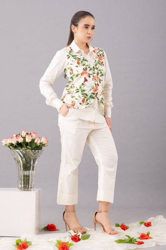 Cotton Printed Waistcoat Coord Set ( Set Of 3)