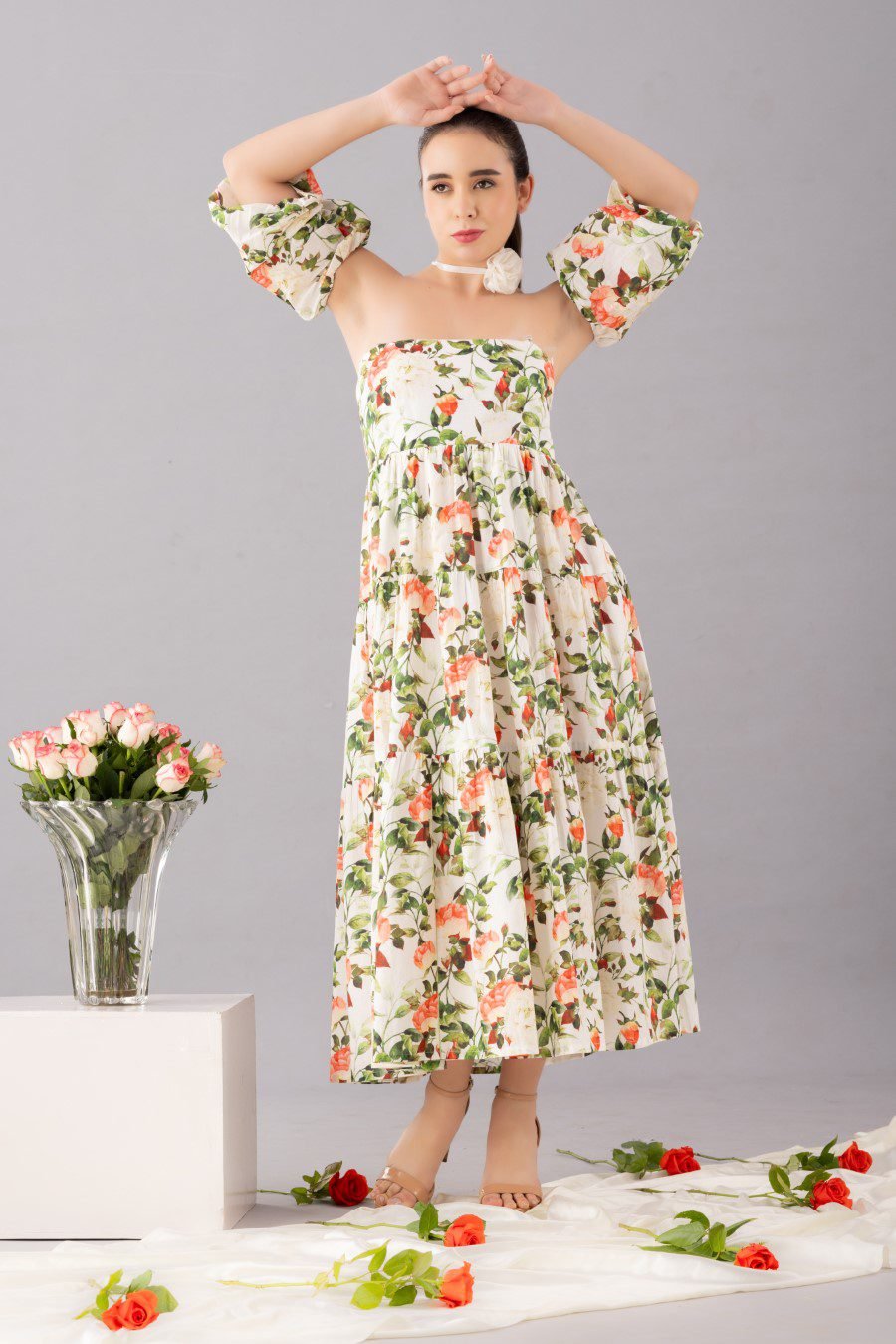 Floral Maxi Dress with detachable sleeves
