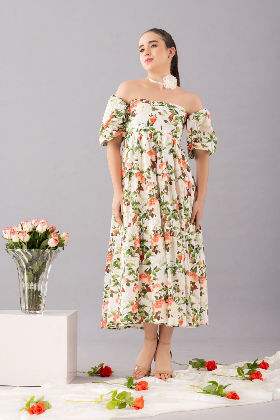Floral Maxi Dress with detachable sleeves