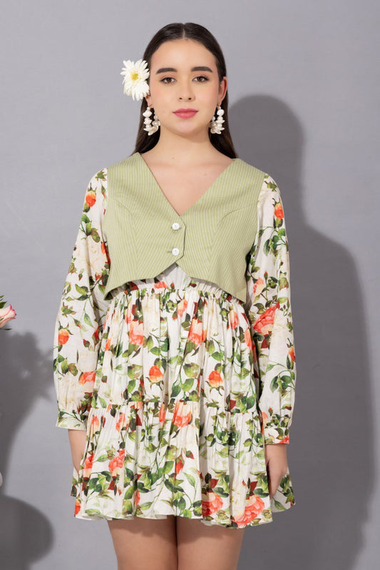 Floral printed short dress with attached waist coat