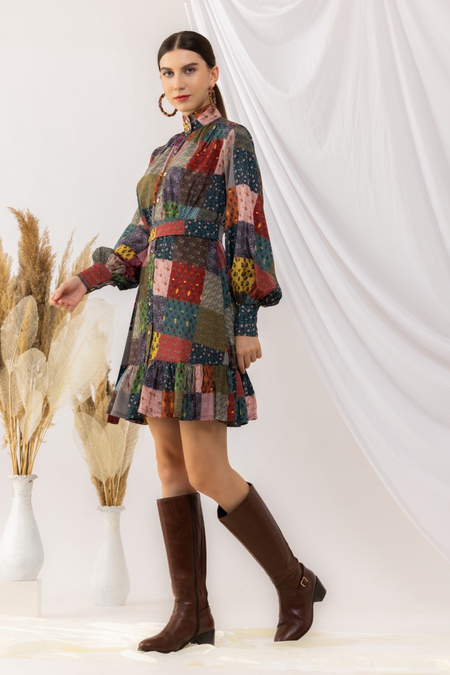 Flouncy Bohemian Front Open Dress With Lantern Sleeves