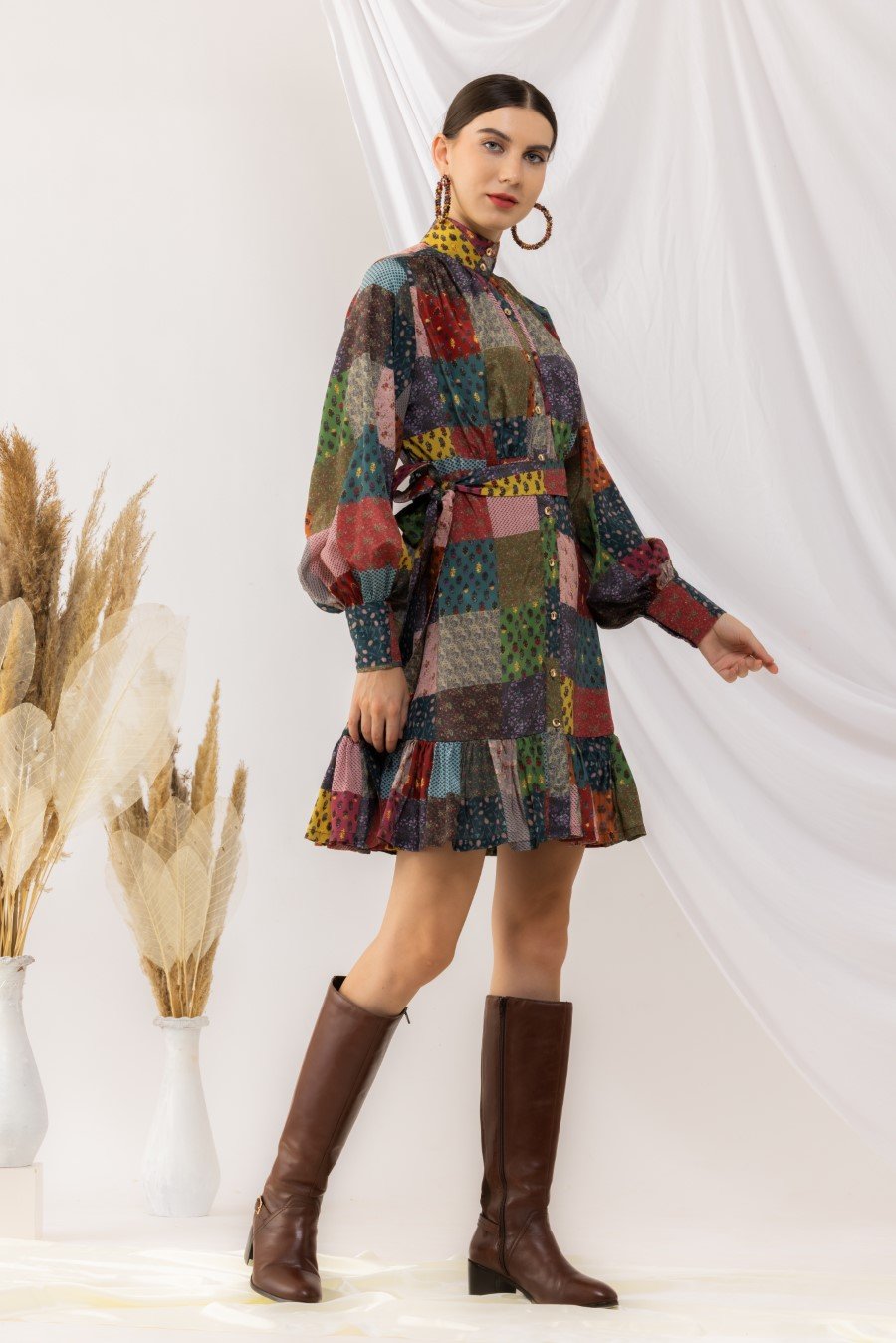 Flouncy Bohemian Front Open Dress With Lantern Sleeves