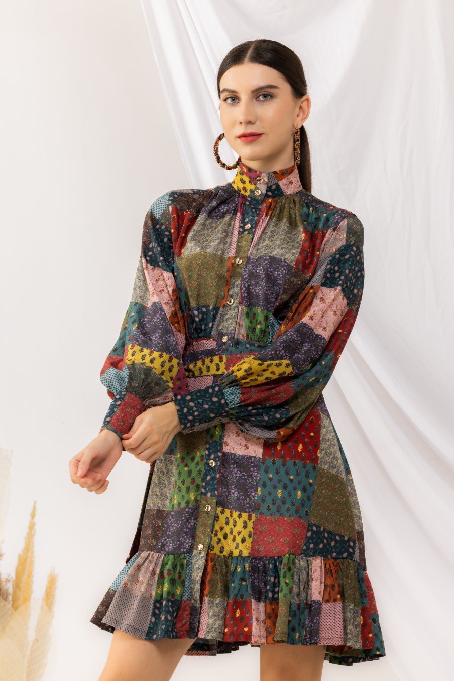 Flouncy Bohemian Front Open Dress With Lantern Sleeves