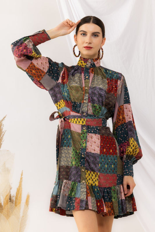 Flouncy Bohemian Front Open Dress With Lantern Sleeves