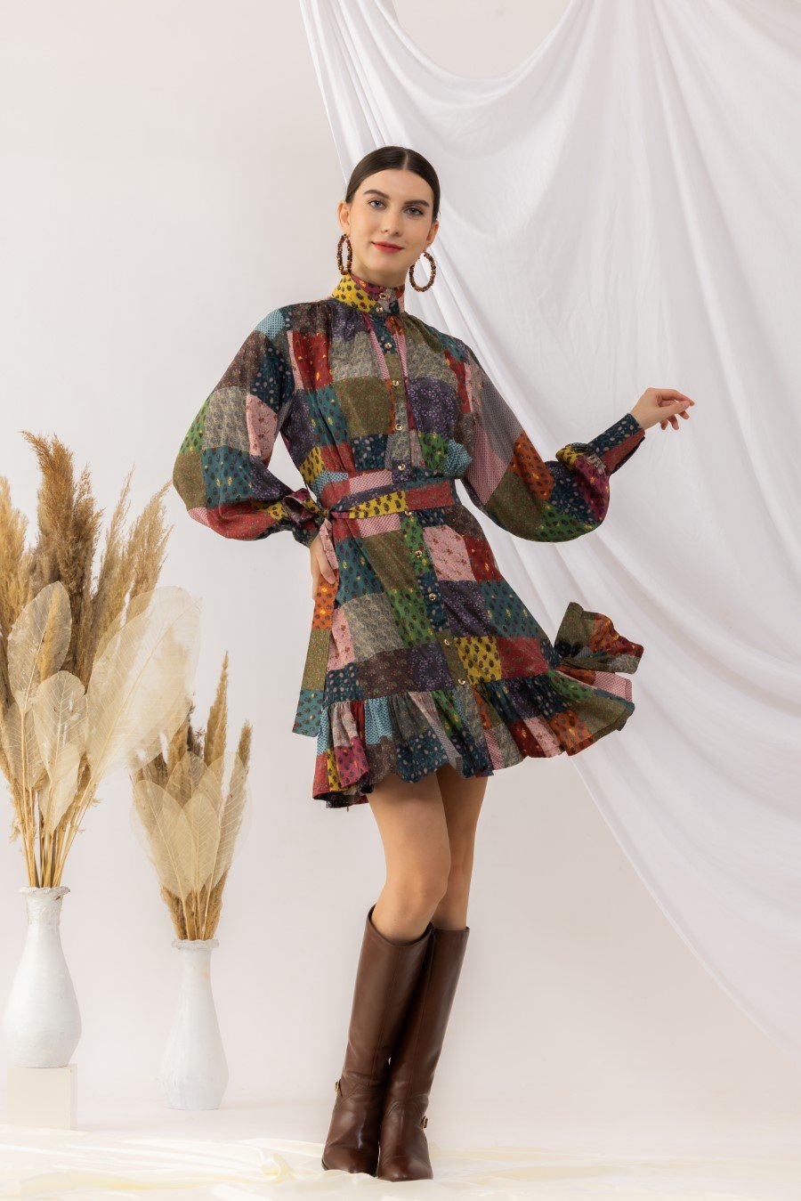 Flouncy Bohemian Front Open Dress With Lantern Sleeves