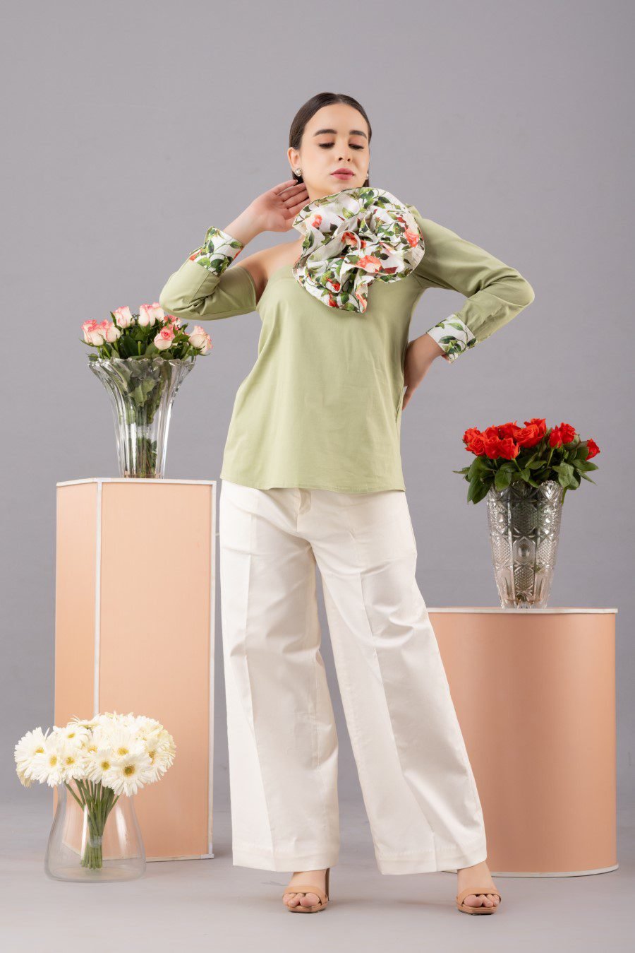 Green Asymmetrical Flower Top