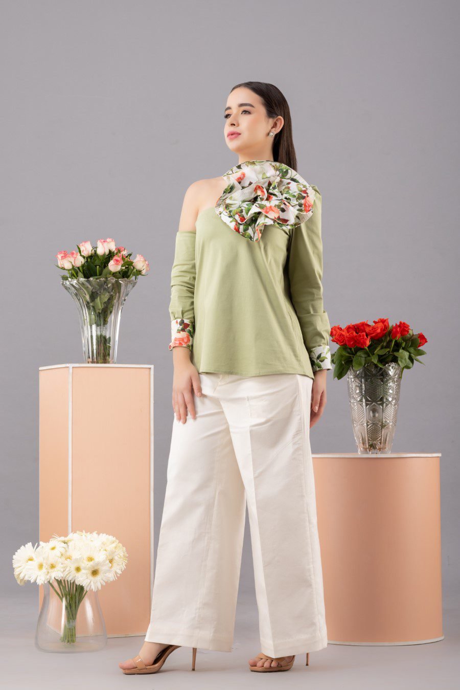 Green Asymmetrical Flower Top