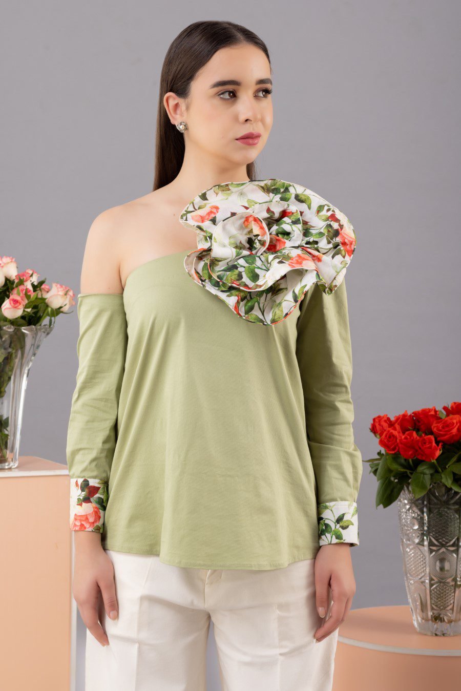 Green Asymmetrical Flower Top