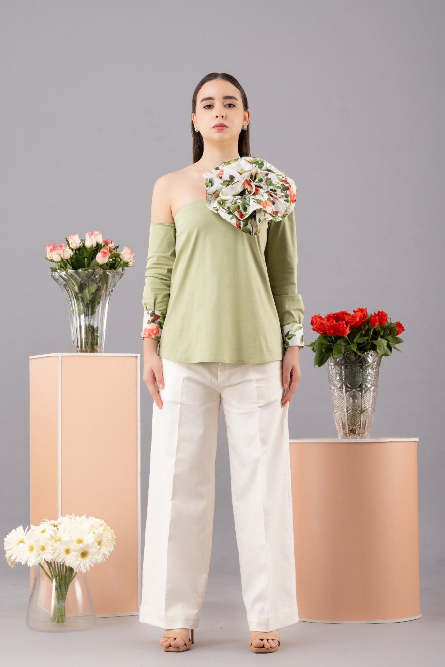 Green Asymmetrical Flower Top