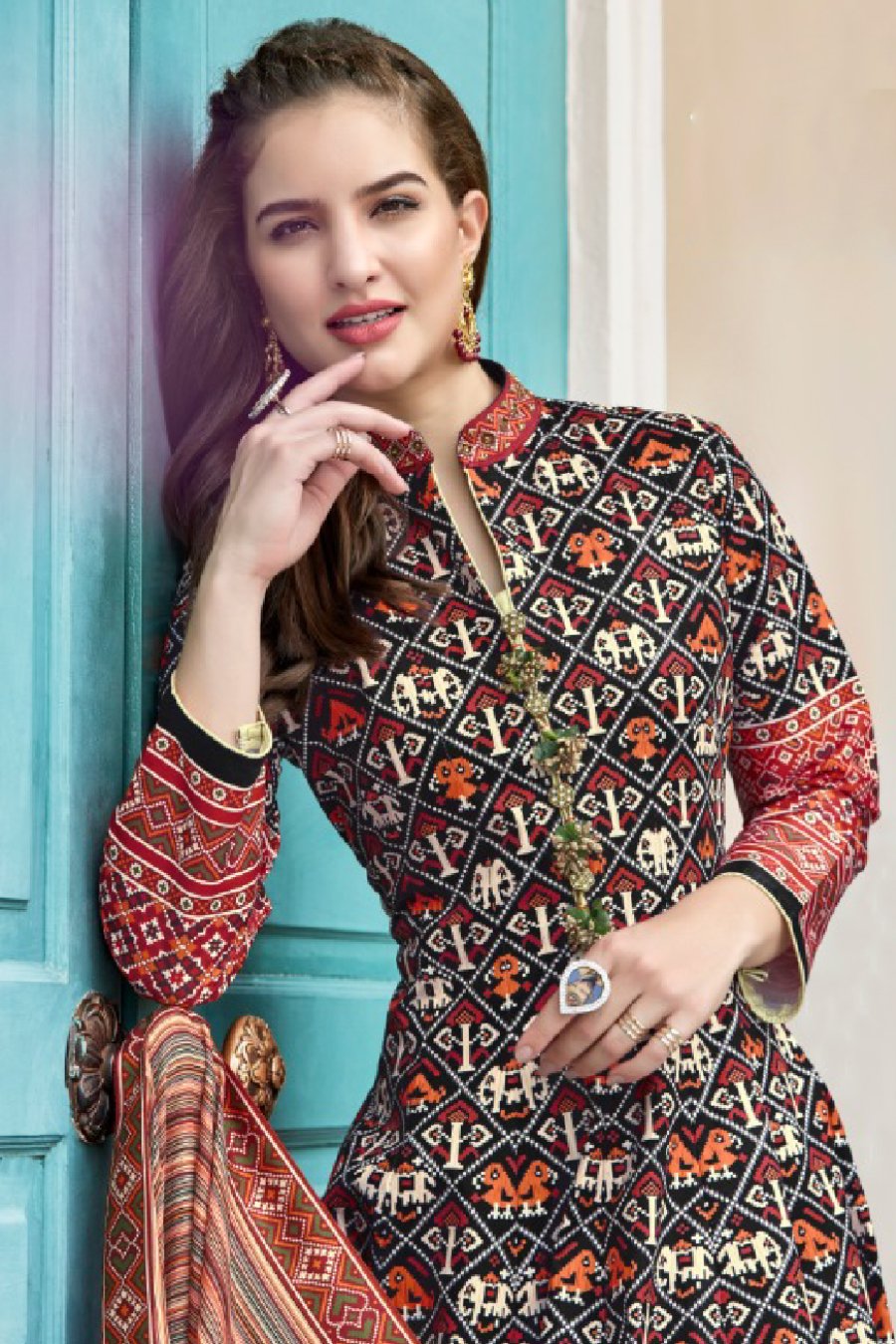 Black Multi Color Patola Anarkali Suit