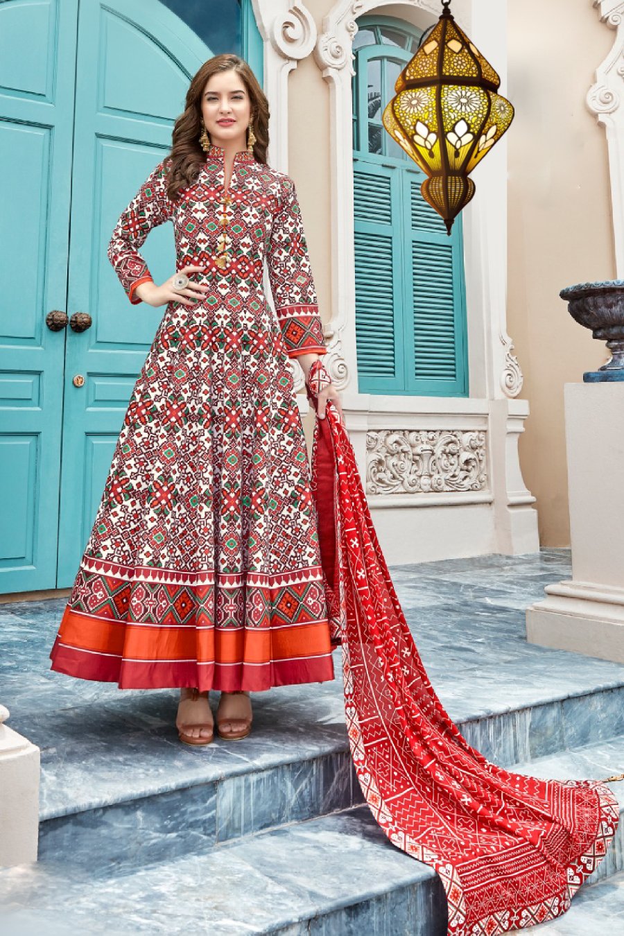 Abstract Multi color Patola Anarkali suit