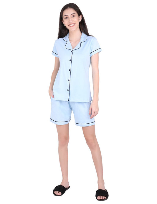 Solid Sky Blue Stylist Night Suit Set