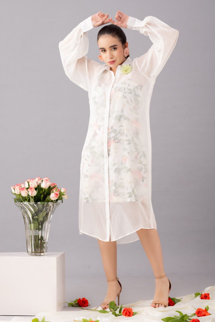 Mid length organza shirt  dress with printed inner