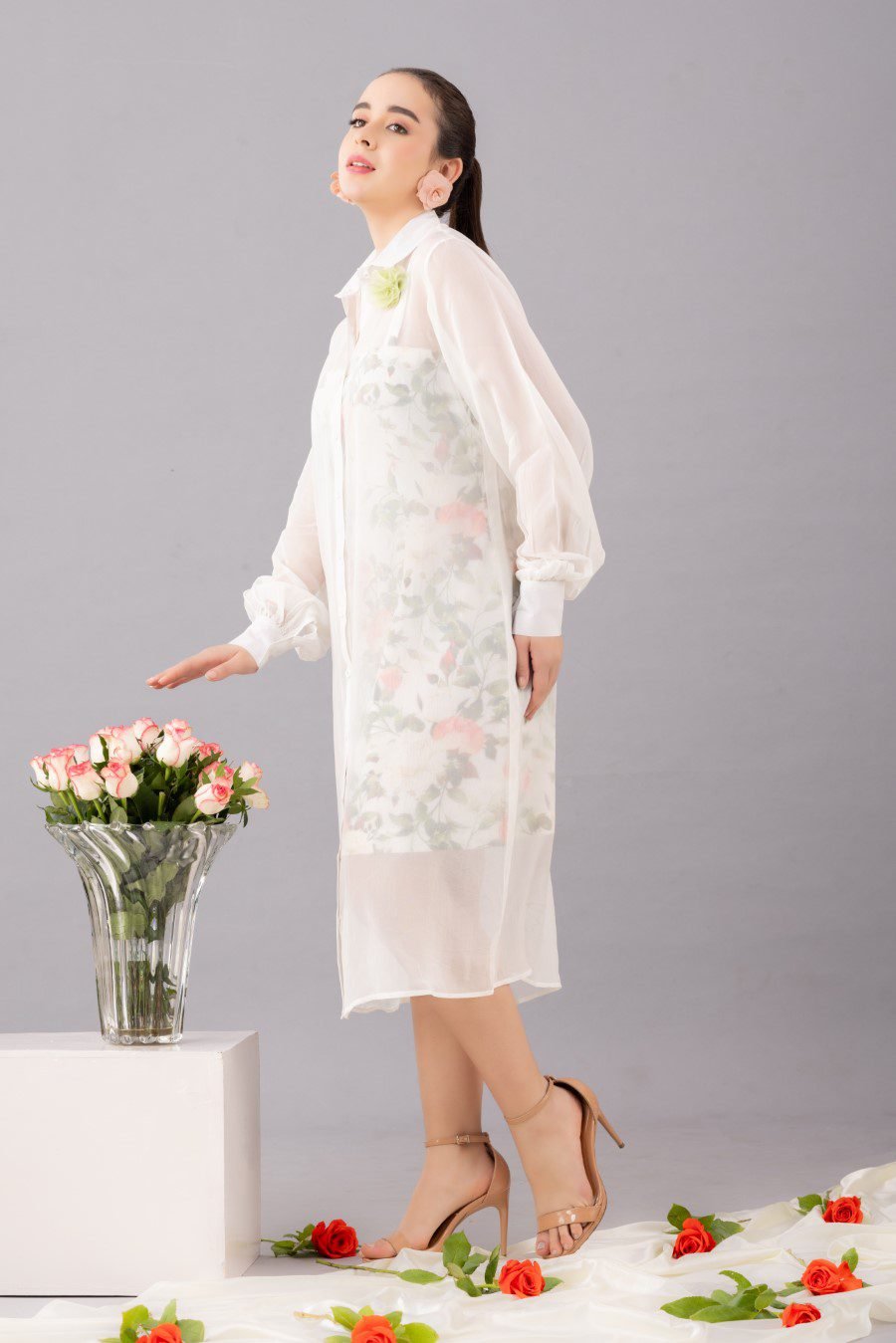 Mid length organza shirt  dress with printed inner