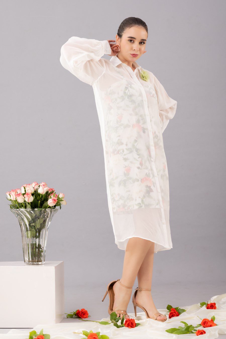 Mid length organza shirt  dress with printed inner