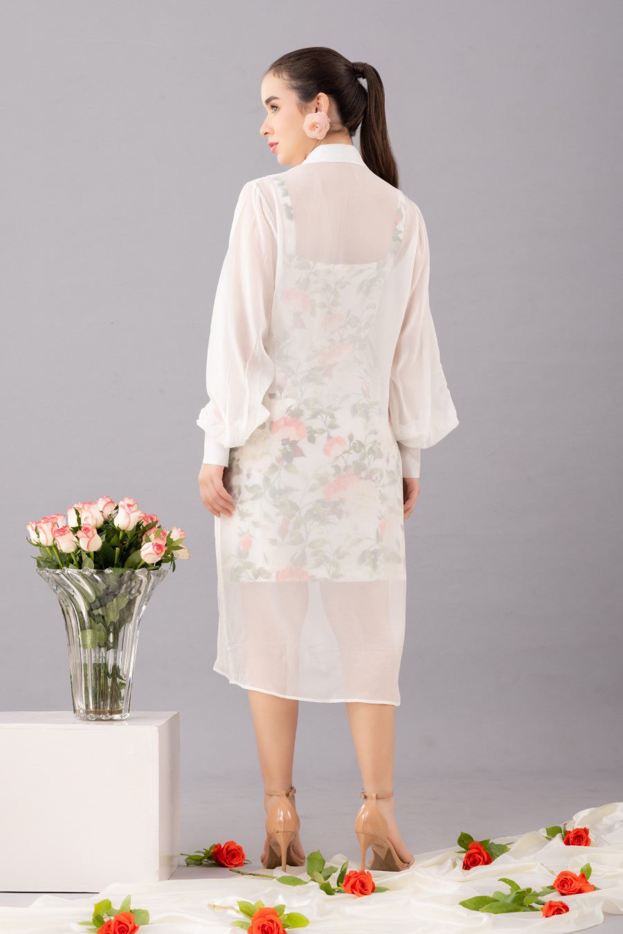 Mid length organza shirt  dress with printed inner