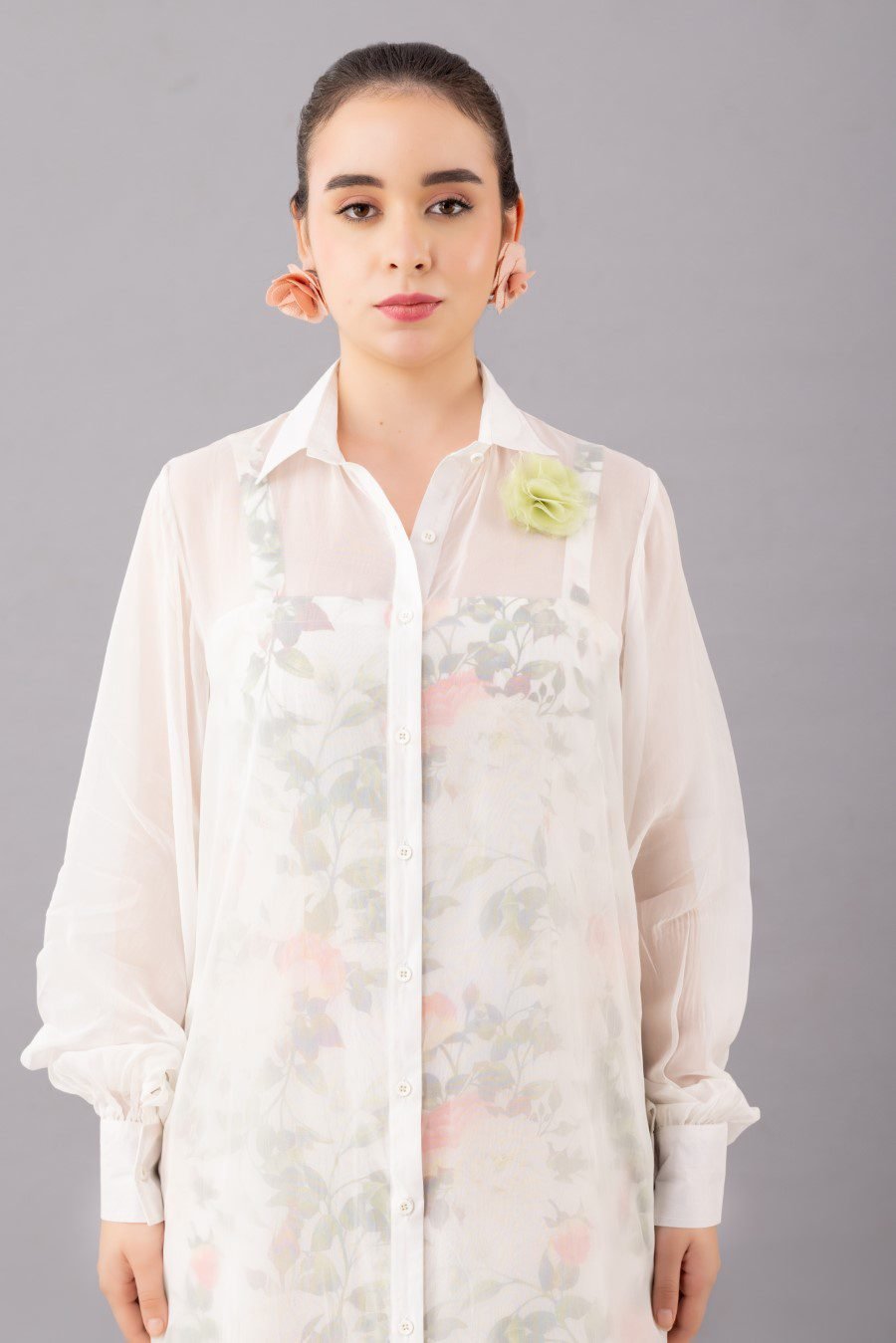 Mid length organza shirt  dress with printed inner
