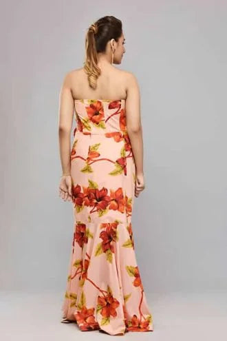 Peach Floral Print Fish Cut Style Gown
