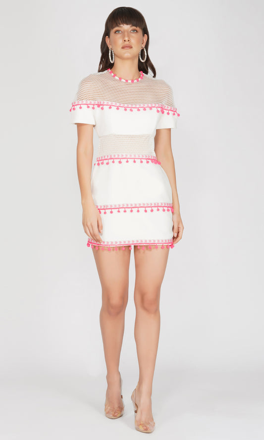 Neon Pink Pom Pom White Dress